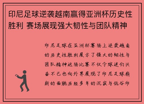 印尼足球逆袭越南赢得亚洲杯历史性胜利 赛场展现强大韧性与团队精神