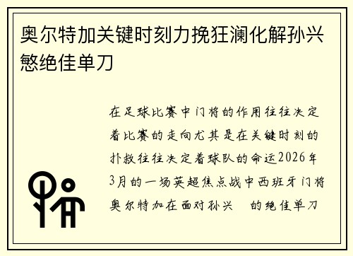 奥尔特加关键时刻力挽狂澜化解孙兴慜绝佳单刀
