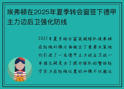 埃弗顿在2025年夏季转会窗签下德甲主力边后卫强化防线